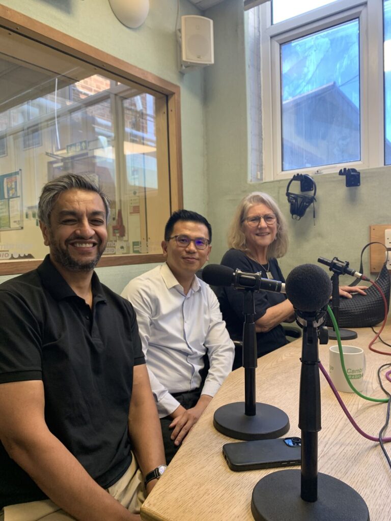 Consultant Surgeons Mr Michael Powar, Mr Siong-Seng Liau and patient Stephanie Hemming at the Cambridge Radio studio